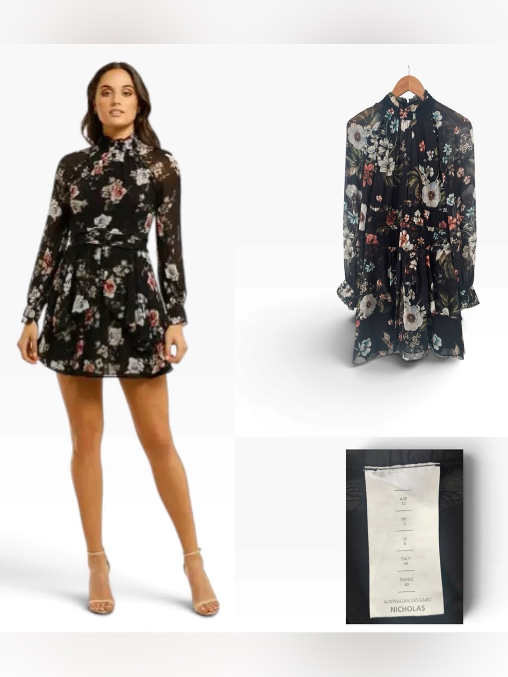 Nicholas Rose High Neck Mini Silk Floral Dress - Size 8
